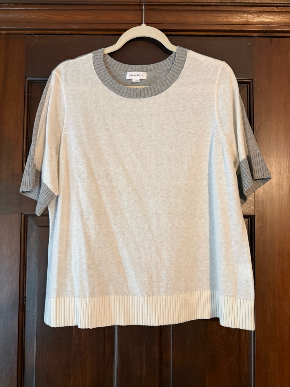 summersalt Two-Tone Crewneck Short Sleeve Sweater - Light Gray & Cream
